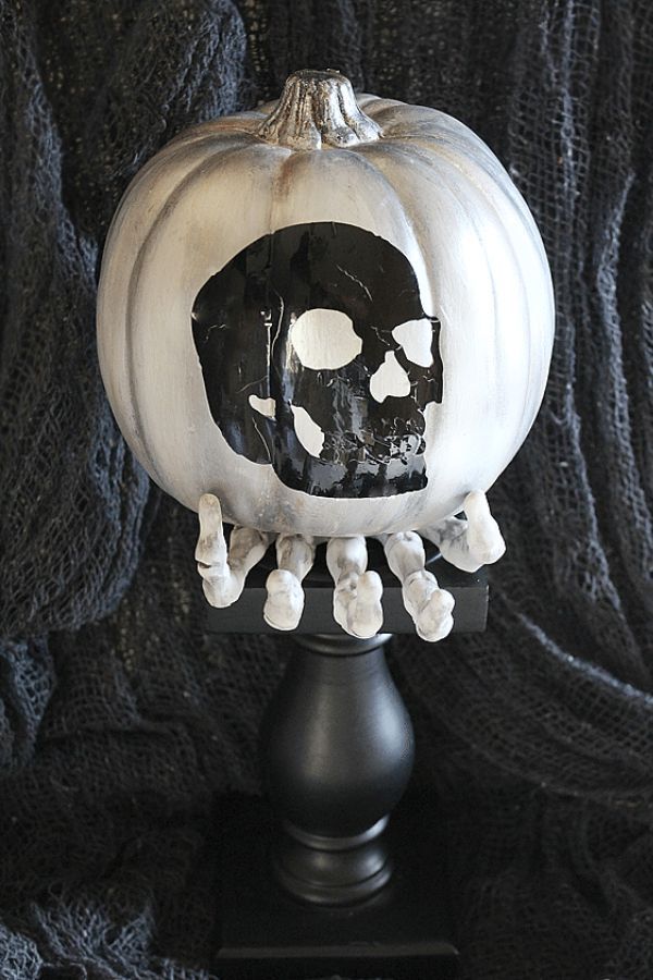 Halloween Pumpkin Decor With Skeleton Hand And Skull
